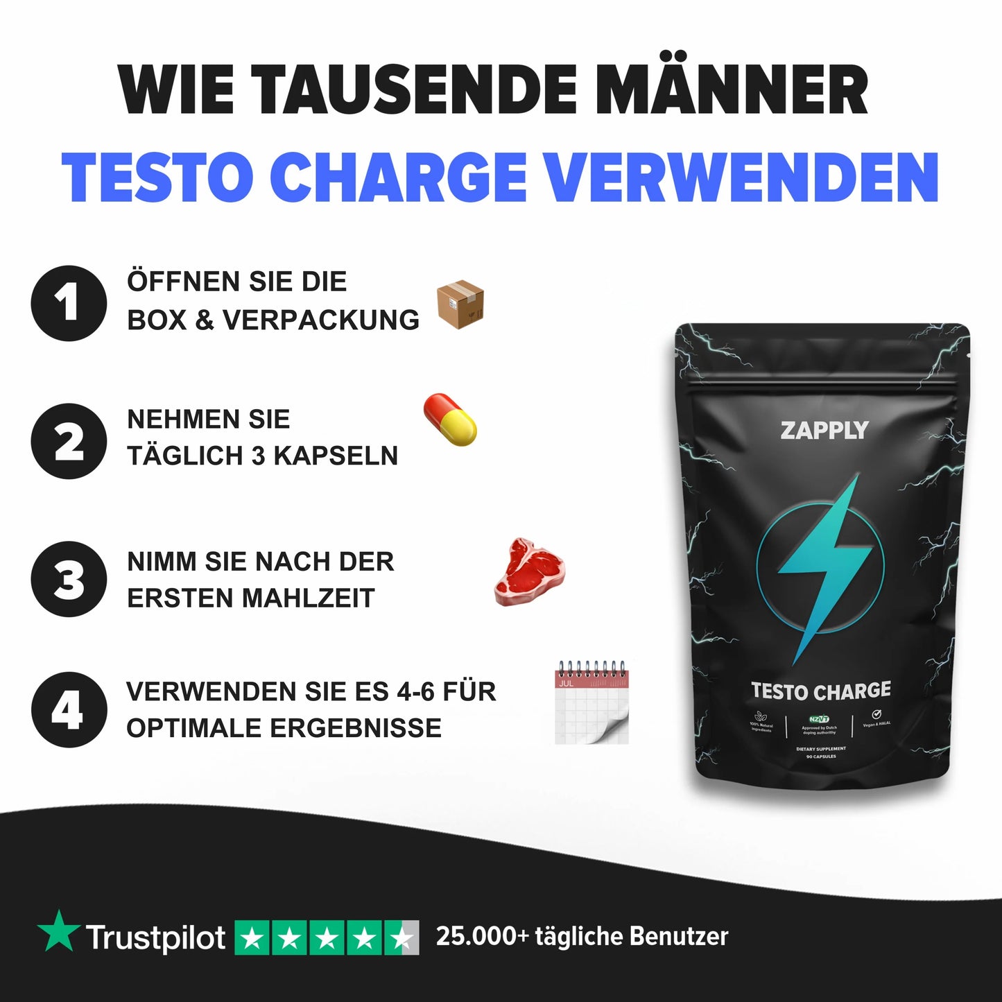 Testo Charge – Testosteron-Unterstützung – 2+1 GRATIS ANGEBOT